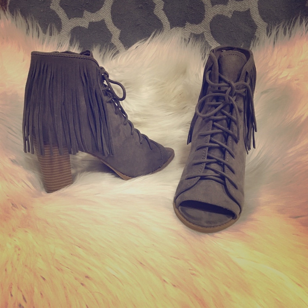 Fringe Lace Up Peep Toe Heeled Bootie